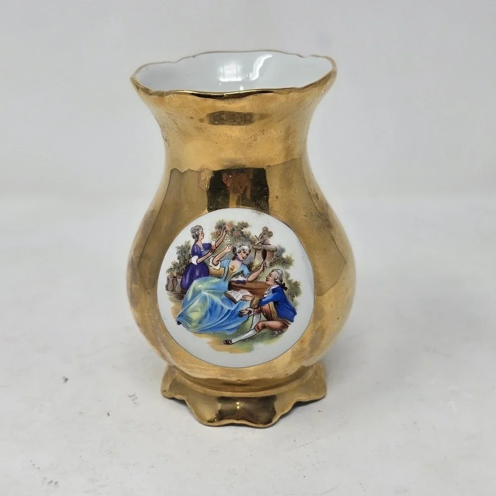 vtg Josef Kuba Bavaria West Germany 24kt gold gilding courting couple bud vase